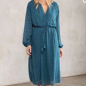 Lovestitch Disco Magic Chiffon Midi Dress – Teal Metallic | Size L | NWT ✨